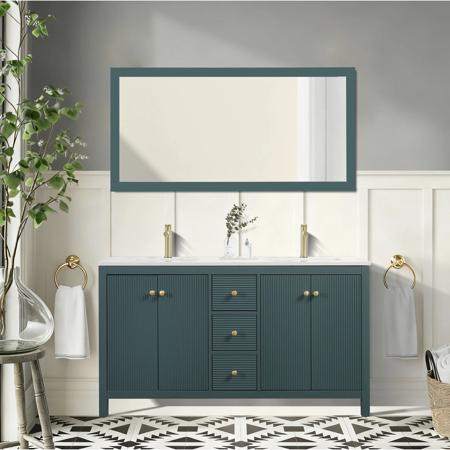 60 Inch / 1500mm Modern Dark Green Fluted Floor Standing Double Sink Vanity